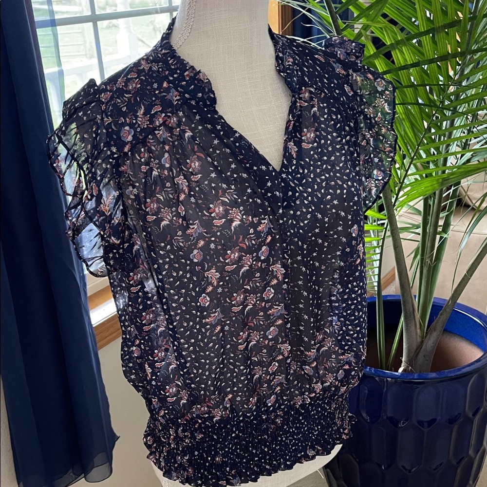 Joie Navy Floral Ruffle Blouse